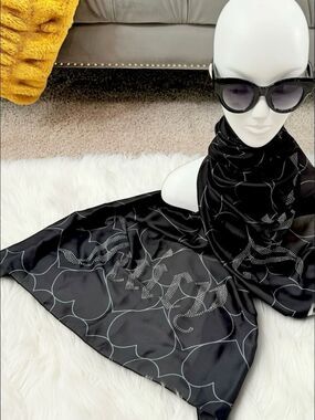 Juicy Couture Rhinestone Logo Heart Scarf Black Silver 35x70 NWT
